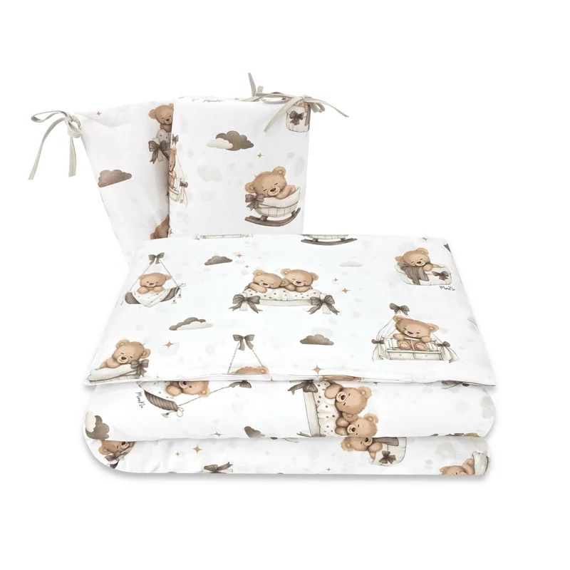 Lenjerie patut 3 piese, MimiNu, Pentru patut 120x60 cm, Cu protectie laterala, Din bumbac certificat Oeko Tex Standard 100, Tedy bear dreams beige