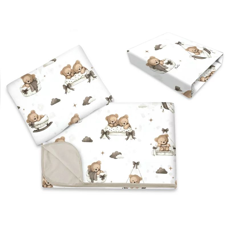 Lenjerie patut cu 3 piese, MimiNu, Cu cearceaf 120x60 cm, Din bumbac certificat Oeko Tex Standard 100, Cu paturica si pernuta, Tedy bear dreams beige