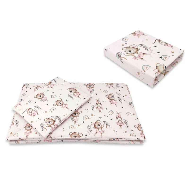 Lenjerie patut cu 3 piese, MimiNu, Cu cearceaf 120x60 cm, Pilota, Pernuta, Din bumbac certificat Oeko Tex Standard 100, Design, Little Ballerina Pink