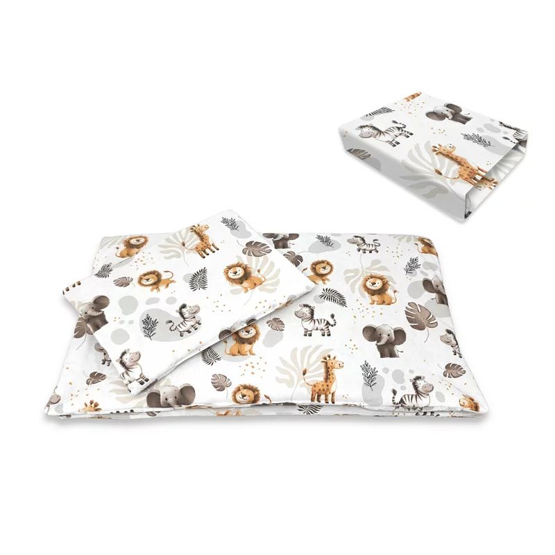 Lenjerie patut cu 3 piese, Qmini, Aurora, Pentru co-sleeper, Din bumbac certificat Oeko Tex Standard 100, Time for Safari