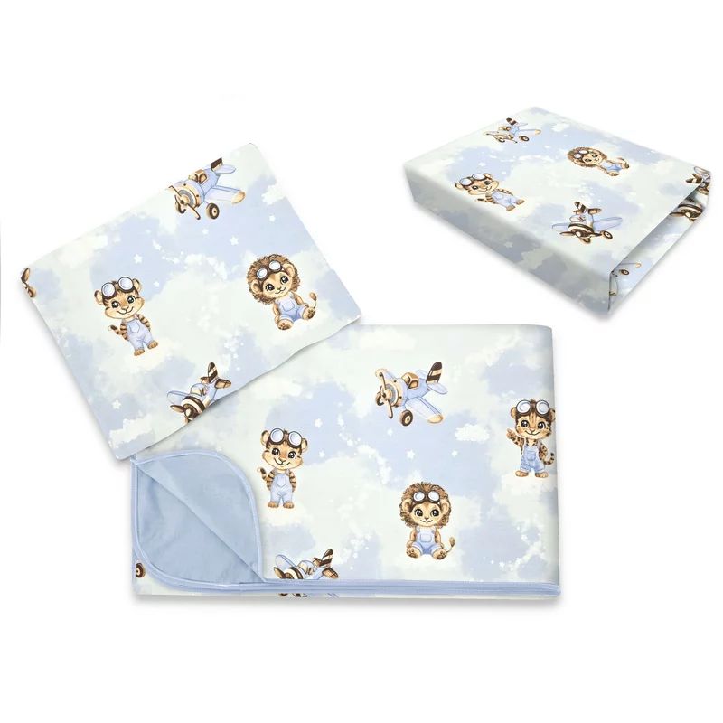 Lenjerie patut cu 3 piese, Qmini, Cu cearceaf 120x60 cm, Din bumbac certificat Oeko Tex Standard 100, Cu paturica si pernuta, Sky Adventure