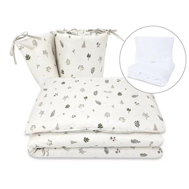 Lenjerie patut cu 5 piese, MimiNu, Pentru patut 120x60 cm, Cu pilota si perna, Din bumbac certificat Oeko Tex Standard 100, Leaves