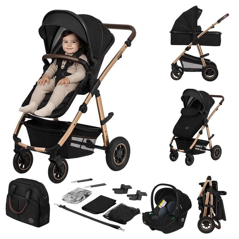 Carucior 3 in 1, Lionelo, Amber, Cadru aluminiu, Cu landou intarit si salteluta moale, Cu scoica auto testata ADAC, Reversibil, Cu accesorii, Geanta parinti, Pana la 22 kg, EN1888-1 EN1888-2 EN1466 ECE R129, Negru onyx