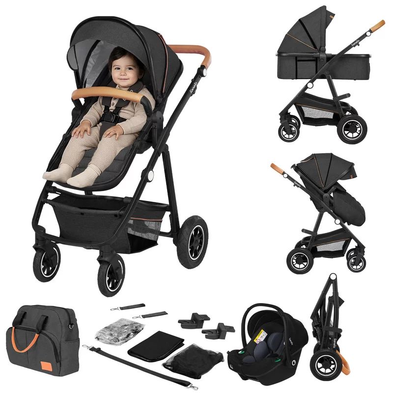 Carucior 3 in 1, Lionelo, Amber, Cadru aluminiu, Cu landou intarit si salteluta moale, Cu scoica auto testata ADAC, Reversibil, Cu accesorii, Geanta parinti, Pana la 22 kg, Gri Inchis