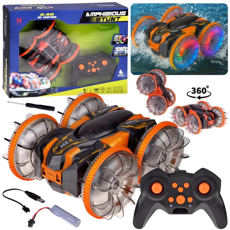 Masinuta amfibie cu roti iluminate, Stunt car, Acrobatica, Orange