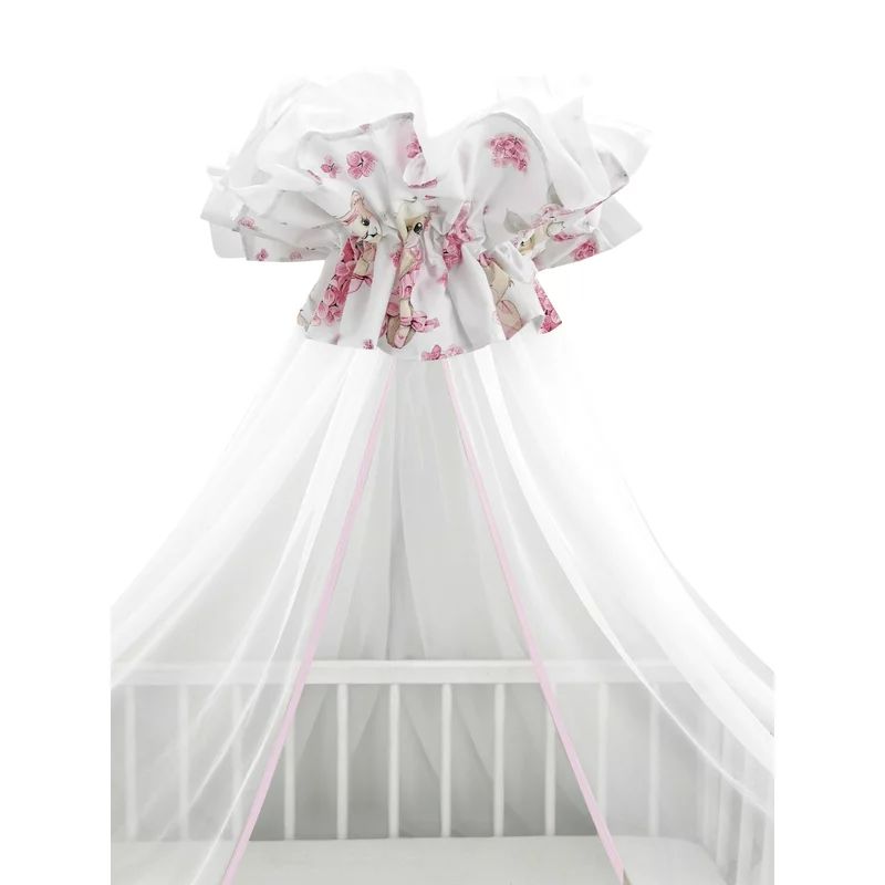 Baldachin mare din tull + suport metalic, MimiNu, Cu funda din bumbac, Dimensiune 400x170 cm, Materiale certificate Oeko Tex Standard 100, Design, Pink Ballerina