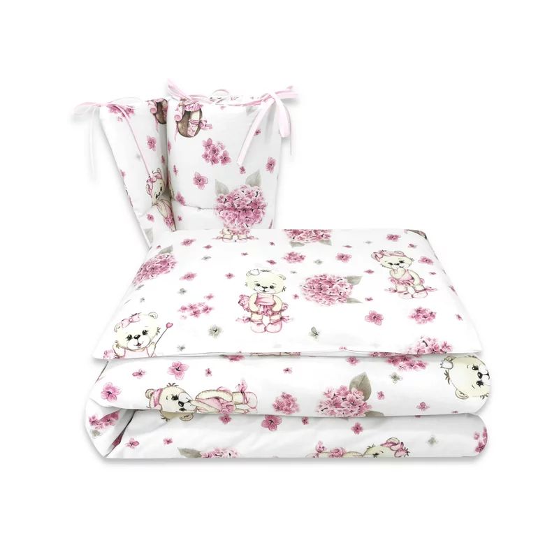 Lenjerie patut cu 3 piese, MimiNu, Pentru patut 120x60 cm, Cu protectie laterala, Din bumbac certificat Oeko Tex Standard 100, Design, Pink Ballerina