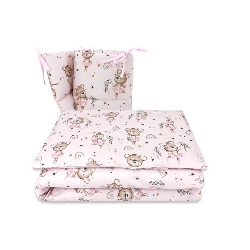 Lenjerie patut cu 3 piese, MimiNu, Pentru patut 120x60 cm, Cu protectie laterala, Din bumbac certificat Oeko Tex Standard 100, Design, Little Ballerina Pink