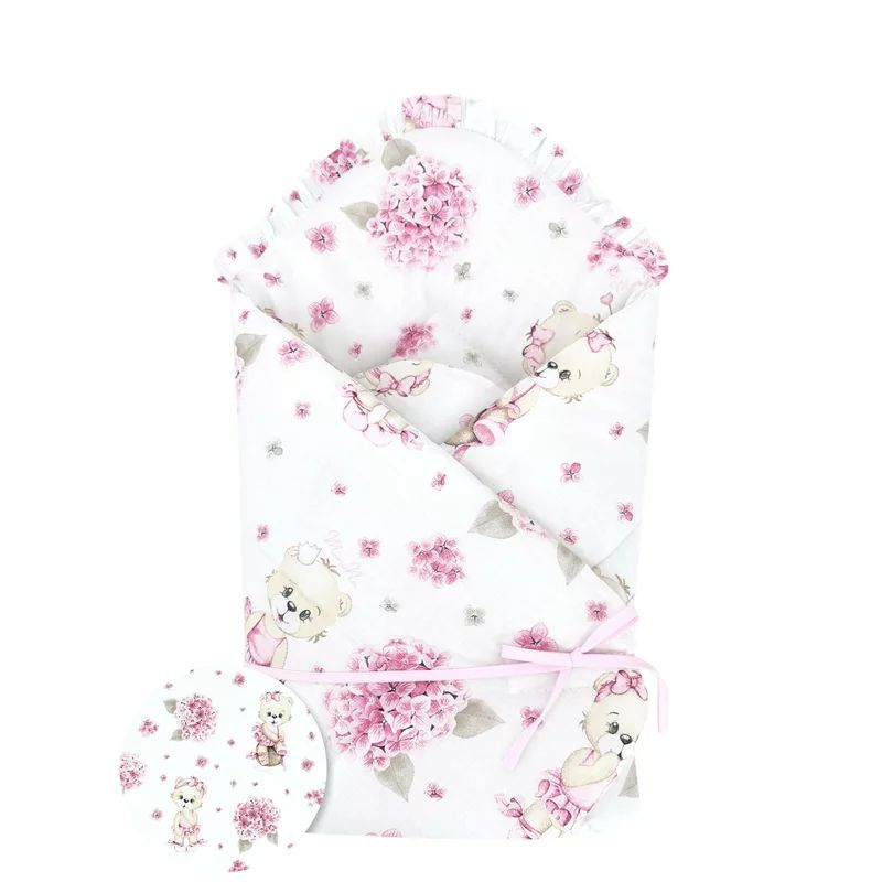 Paturica de infasat, MimiNu, Cu panglica, Cu multiple utilizari, Cu inchidere arici velcro, Dimensiune 75x75 cm, Din bumbac certificat Oeko Tex Standard 100, Design, Pink Ballerina