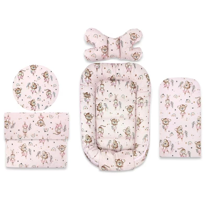 Set 4 in 1 Cosulet bebelus, MimiNu, Baby Cocoon 75x55 cm, Husa bumbac, Din bumbac certificat Oeko Tex Standard 100, Cu paturica 50x70 cm, Cu salteluta, Cu perna fluture, Design, Little Ballerina Pink