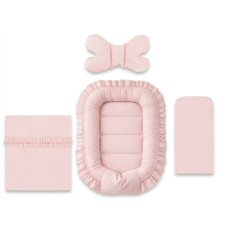 Set 4 in 1 Cosulet bebelus, MimiNu, Baby Cocoon 75x55 cm, Cu volanase, Husa bumbac, Din bumbac certificat Oeko Tex Standard 100, Cu paturica cu volanase 50x70 cm, Cu salteluta, Cu perna fluture, Colectia Royal, Powder Pink