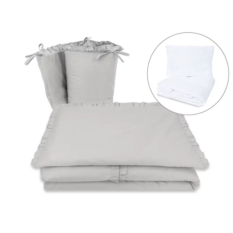 Lenjerie patut cu 5 piese, MimiNu, Pentru patut 120x60 cm, Cu volanase, Cu pilota si perna, Din bumbac certificat Oeko Tex Standard 100, Colectia Royal, Grey