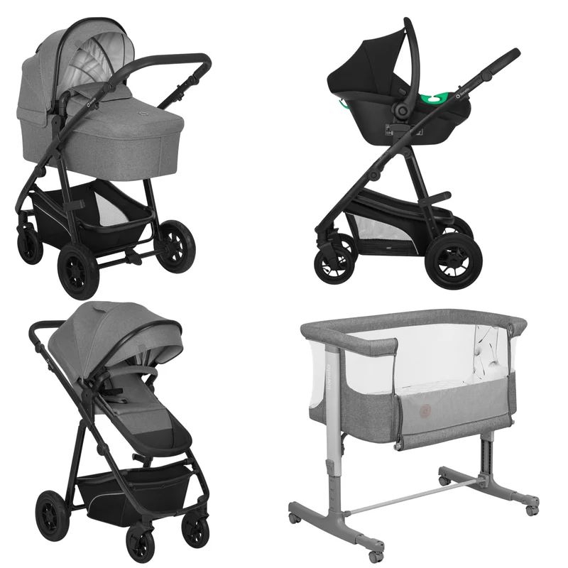 Pachet complet pentru primele zile, Carucior 3 in 1, Lionelo, Bianka, Transformabil, Cu landou, salteluta moale, geanta pentru parinti + Patut co-sleeper, Lionelo, Aurora, 3 in 1, Cu saltea si geanta transport, Gri