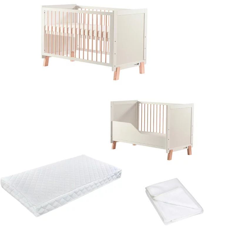 Pachet Patut din lemn bebe, 120x60 cm, Transformabil, FreeON, Ava, Saltea 120x60x12 cm si protectie impermeabila