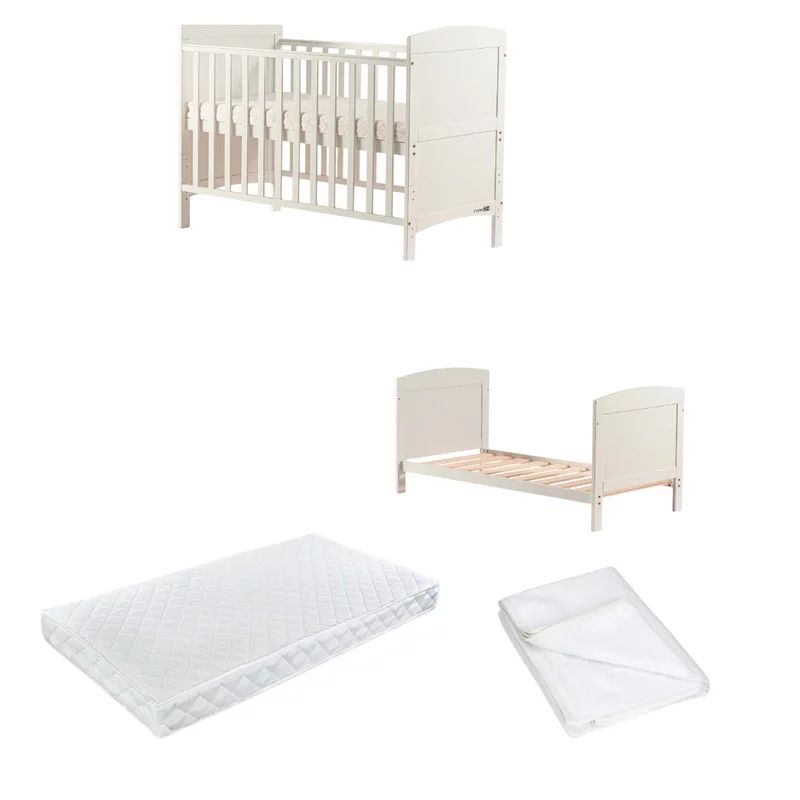 Pachet Patut din lemn bebe, 120x60 cm, Transformabil, FreeON, Lory, Saltea 120x60x12 cm si protectie impermeabila