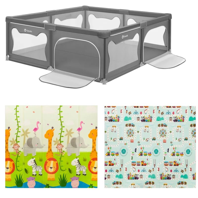 Pachet Tarc de joaca copii, Lionelo, Willow XL,180 x 200 cm, Conform cu EN 12227:2010, Gri si Covoras educativ, Lionelo, Robby, Impermeabil, 200 x 180 cm