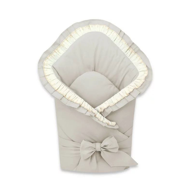 Paturica de infasat, MimiNu, Cu volanase si dantela, Cu multiple utilizari, Cu inchidere cu panglica, Dimensiune 75x75 cm, Din bumbac certificat Oeko Tex Standard 100, Beige