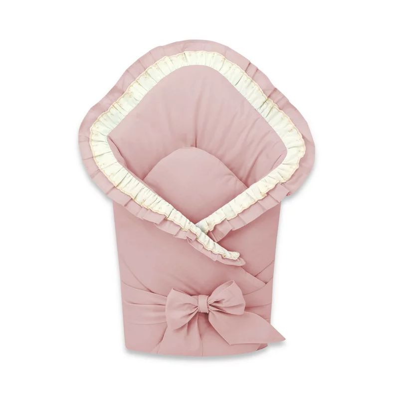 Paturica de infasat, MimiNu, Cu volanase si dantela, Cu multiple utilizari, Cu inchidere cu panglica, Dimensiune 75x75 cm, Din bumbac certificat Oeko Tex Standard 100, Powder Pink