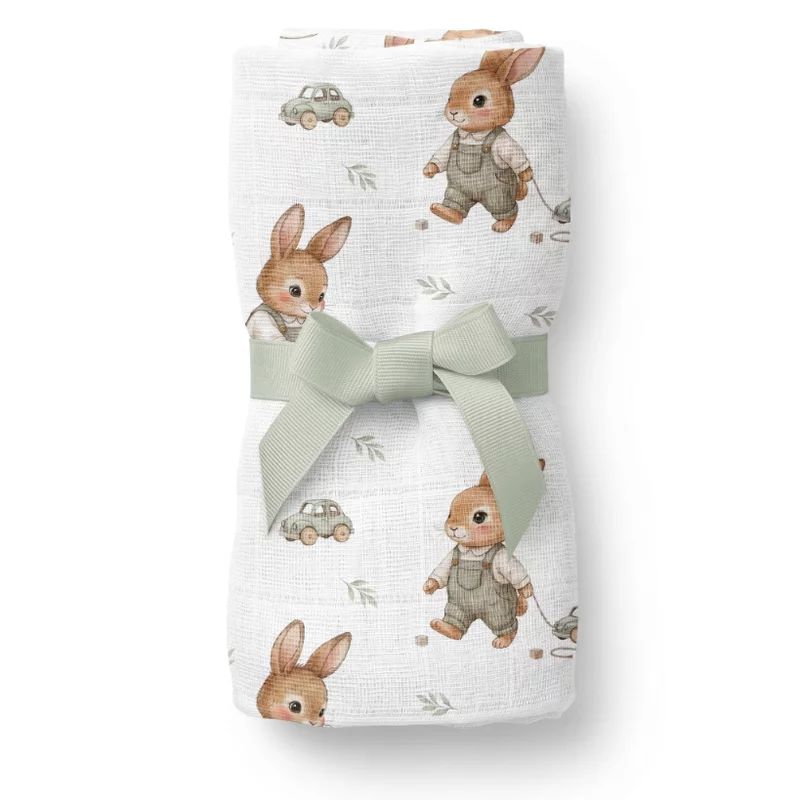 Paturica din bambus cu multiple intrebuintari, Qmini, Material certificat Oeko Tex Standard 100, 110x110 cm, Bunnies/Cars