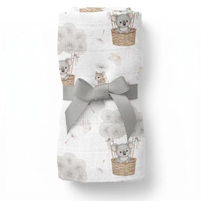 Paturica din bambus cu multiple intrebuintari, Qmini, Material certificat Oeko Tex Standard 100, 110x110 cm, Koala /Dandelions Grey