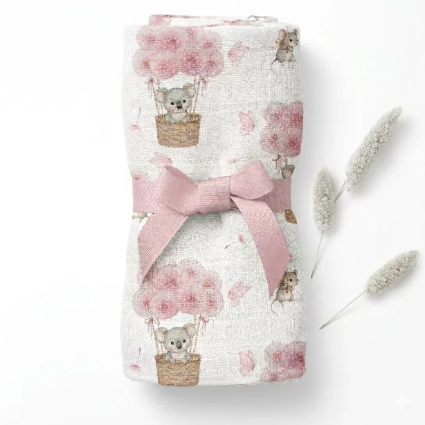 Paturica din bambus cu multiple intrebuintari, Qmini, Material certificat Oeko Tex Standard 100, 110x110 cm, Koala /Dandelions Pink