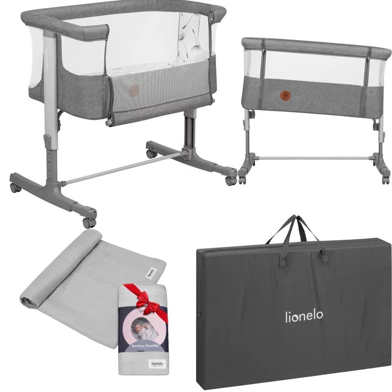 Patut co-sleeper, Lionelo, Aurora Grey Concrete, 3 in 1, Cu leganare si setare unghiulara, 0 luni+, Cu muselina din bambus, 120x120 cm, Gri