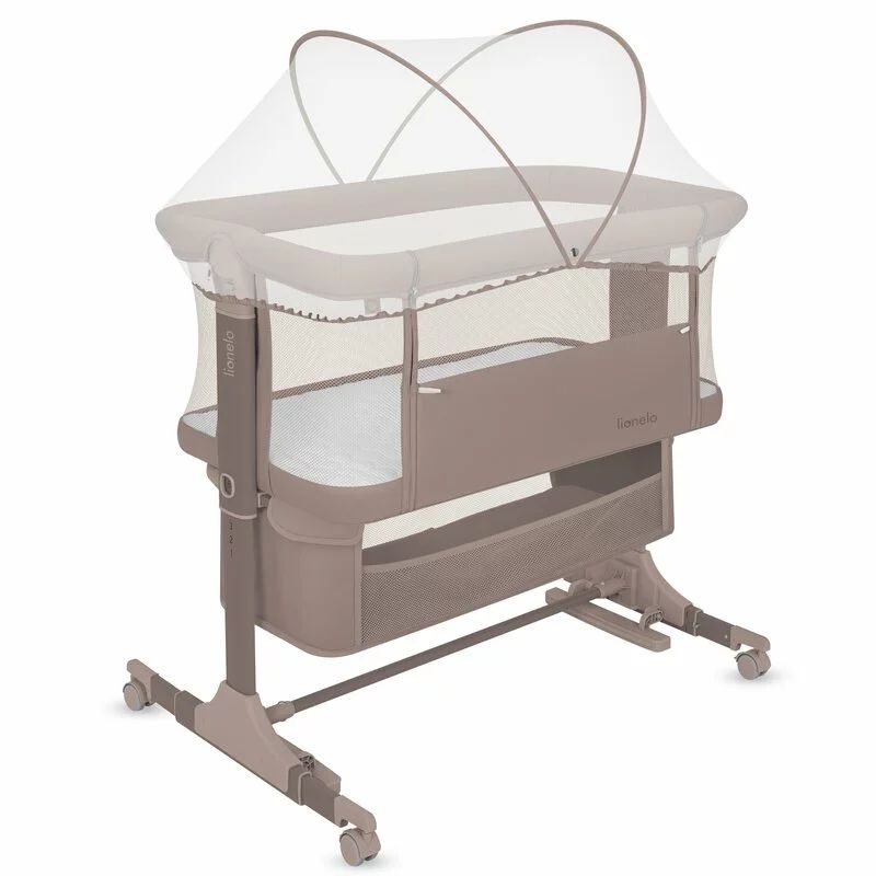 Patut co-sleeper, Lionelo, Jodie, Multifunctional, Reglabil in 6 pozitii pe inaltime, Saltea cu densitate T25, Functie de leganare, Cu plasa de tantari, Buzunar depozitare, Geanta transport, 84x48x70-80 cm, Taupe