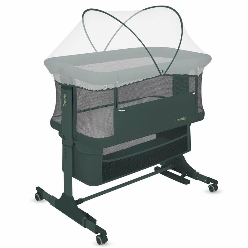 Patut co-sleeper, Lionelo, Jodie, Multifunctional, Reglabil in 6 pozitii pe inaltime, Saltea cu densitate T25, Functie de leganare, Cu plasa de tantari, Buzunar depozitare, Geanta transport, 84x48x70-80 cm, Verde inchis