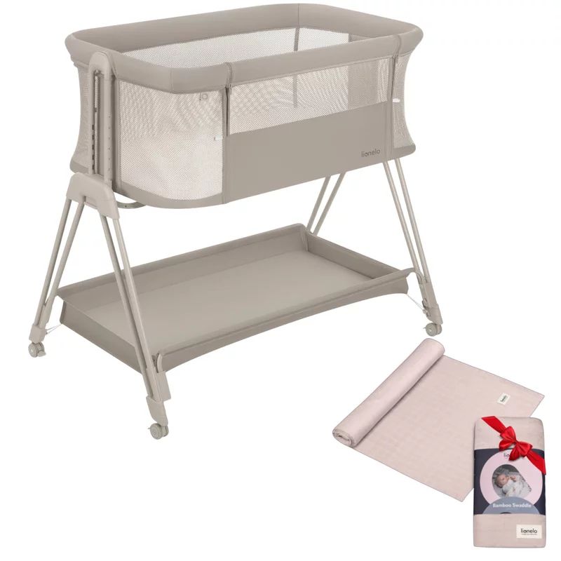 Patut co-sleeper, Lionelo, Luna Beige Sand, 2 in 1, Cu laterala culisanta si roti, Cu muselina din bambus, 120x120 cm, Bej