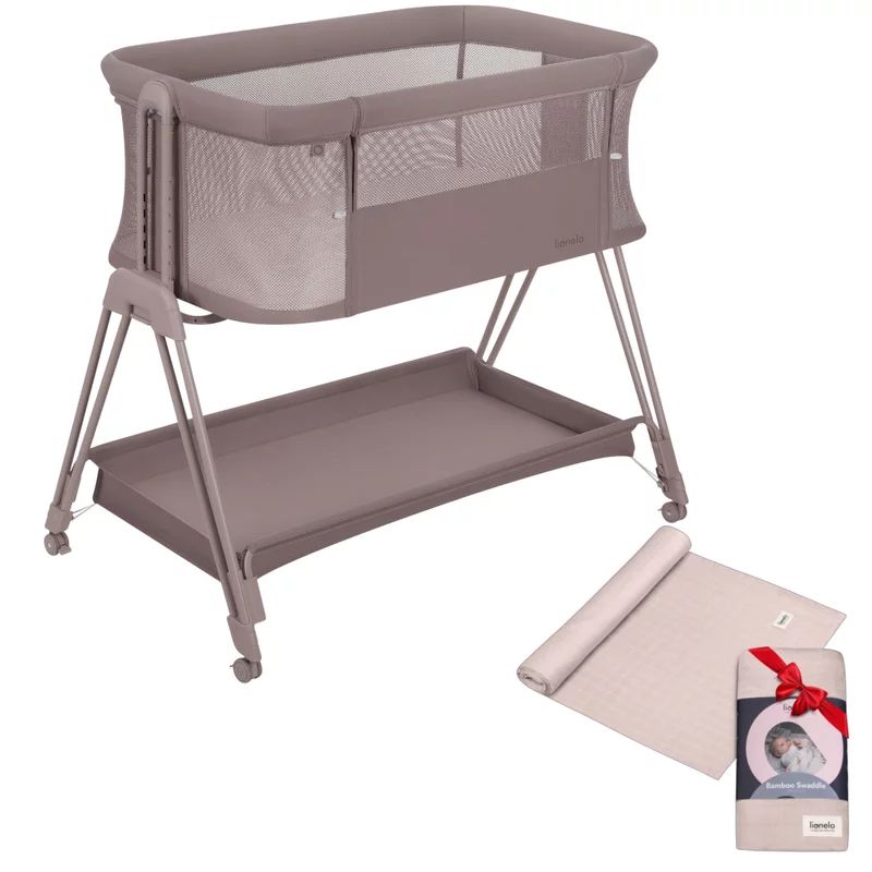 Patut co-sleeper, Lionelo, Luna Beige Taupe, 2 in 1, Cu laterala culisanta si roti, Cu muselina din bambus, 120x120 cm, Bej