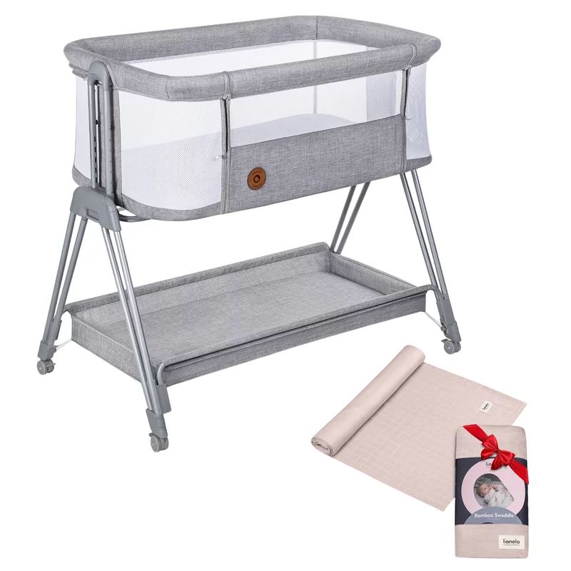 Patut co-sleeper, Lionelo, Luna Grey Concrete, 2 in 1, Cu laterala culisanta si roti, Cu muselina din bambus, 120x120 cm, Bej