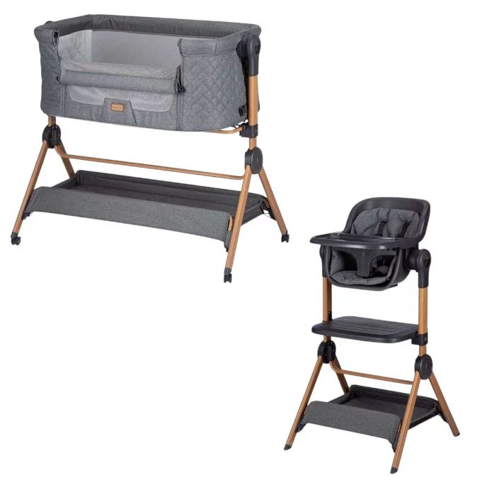 Patut co-sleeper si scaun inalt, FreeON, Nest&Feed, 2 in 1, Cu laterala culisanta si roti, Cu raft,Transformabil in scaun de masa, Pana la 9 kg, respectiv, 15 kg, Cu tavita detasabila, Reglabil pe inaltime, 0 luni+, Grey