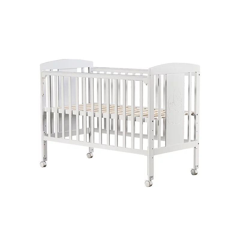 Patut din lemn bebe, 120x60 cm, Cu laterala culisanta, Din lemn de pin si mdf, Cu roti, Cu sina speciala pentru dentitie, Qmini, Iris