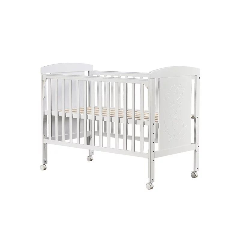 Patut din lemn bebe, 120x60 cm, Cu laterala culisanta, Din lemn de pin si mdf, Cu roti, Cu sina speciala pentru dentitie, Qmini, Mara