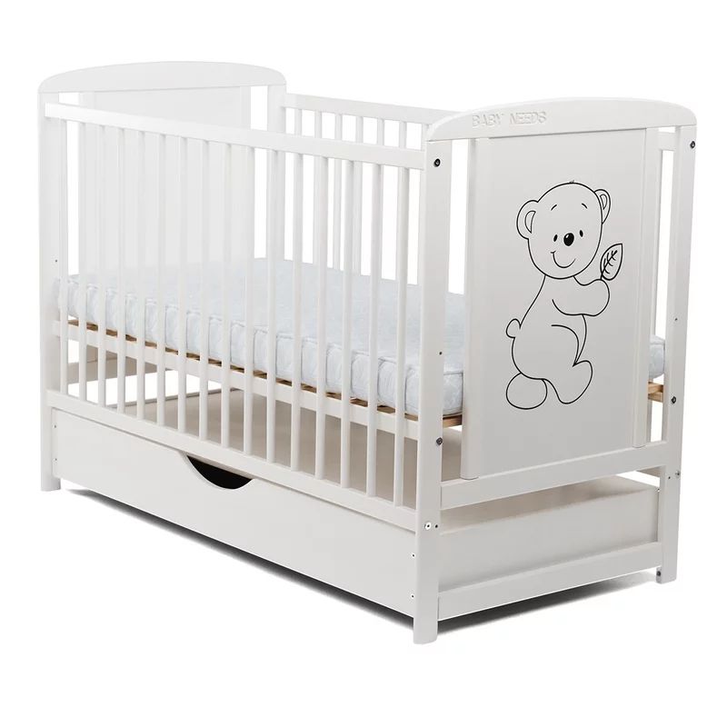 Patut din lemn bebe, 120x60 cm, Cu sertar cu capac, Din lemn de pin si mdf, Stabil si rezistent, Inaltime saltea reglabila pe 3 nivele, Laterala cu 3 bete detasabile, EN716-1, EN716-2, Alb, Babyneeds, Timmi, Resigilat