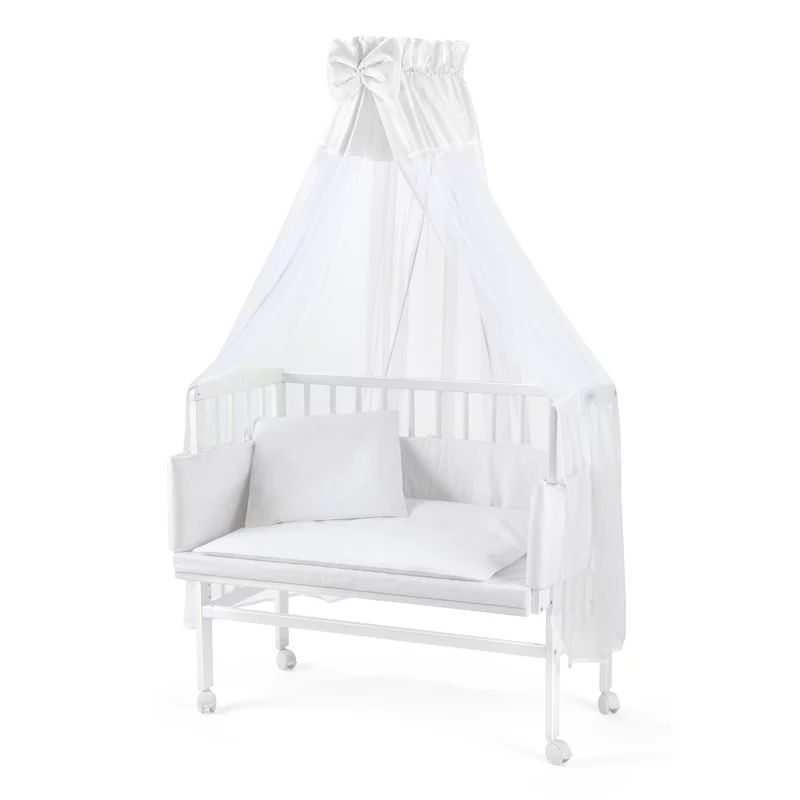 Patut co-sleeping Waldin, 90x55 cm, fag, vopsea certificata, roti, saltea, accesorii incluse, laterala detasabila, alb