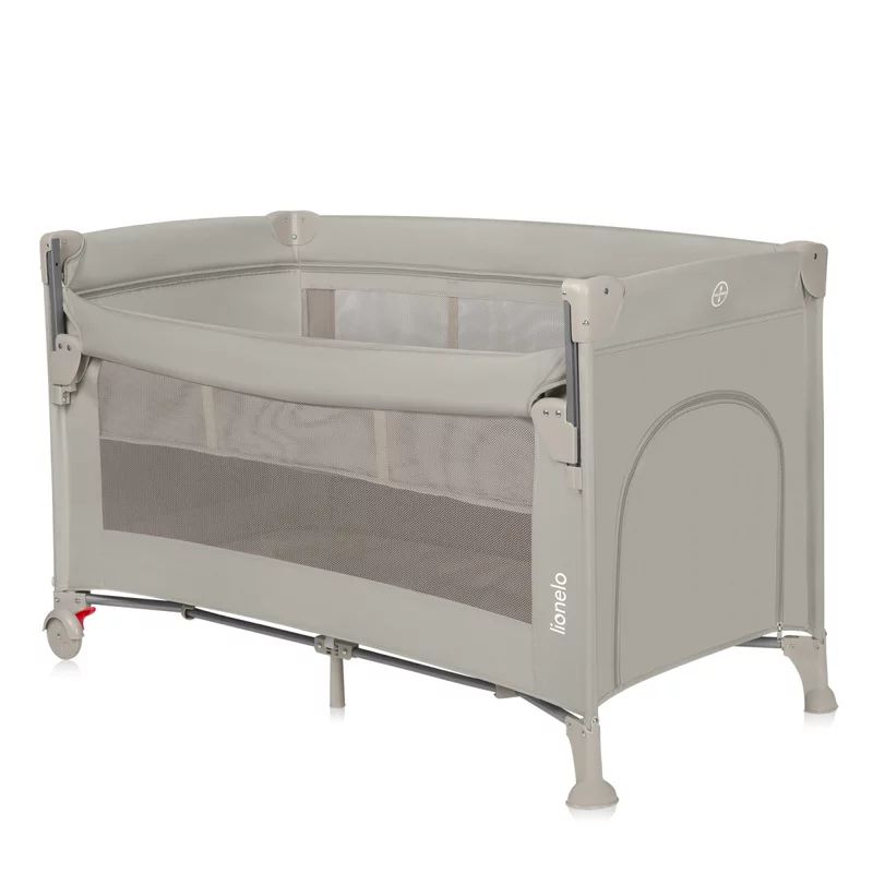 Patut pliant multifunctional, Lionelo, Ellen, Cu laterala culisanta, Nivel suplimentar, Intrare laterala cu fermoar, 2 roti, Saltea pliabila si geanta de transport incluse, 0- 36 luni, Pana la 15 kg, 120x60 cm, Conform cu EN 716, Bej