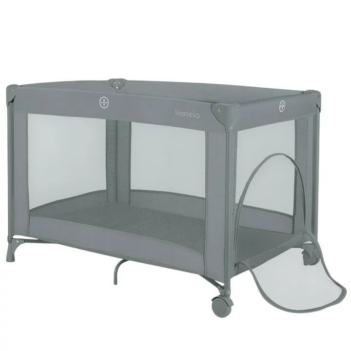 Patut pliant, Lionelo, Amelie, Cu intrare laterala, 100.5×70.5 cm, Include salteluta, roti, geanta pentru transport, Constructie usoara- 7 kg, Cadru stabil din otel, Gri