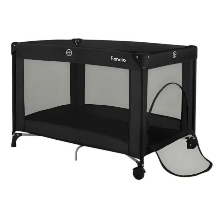Patut pliant, Lionelo, Amelie, Cu intrare laterala, 100.5×70.5 cm, Include salteluta, roti, geanta pentru transport, Constructie usoara- 7 kg, Cadru stabil din otel, Negru