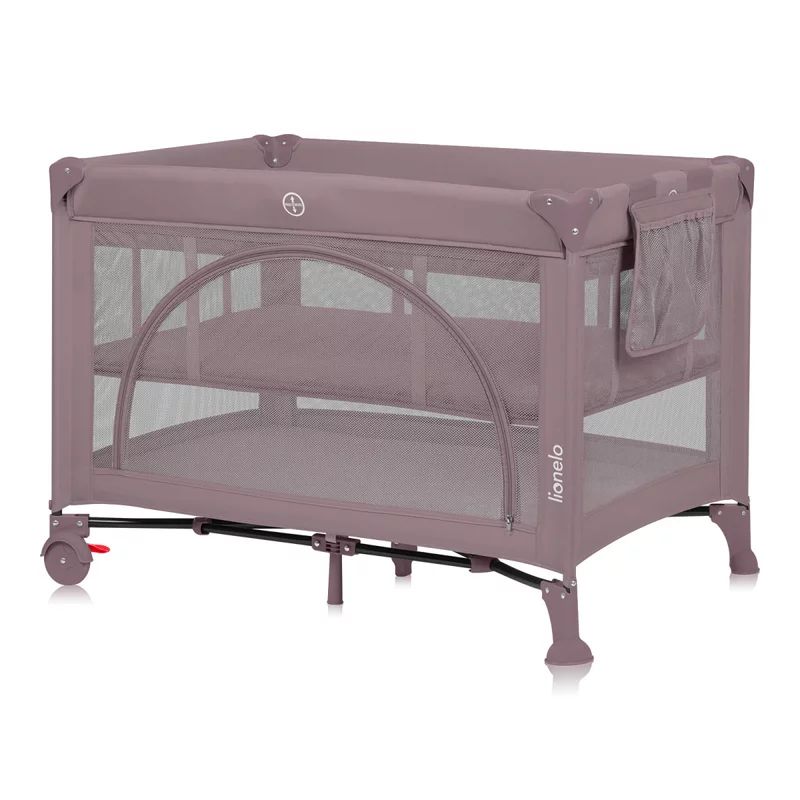 Patut pliant, Lionelo, Laura, 102 x 74 cm, Cu doua nivele, Functie de tarc, Cu roti, Include salteluta si geanta de transport, Pereti din plasa, Deschidere laterala, Pana la 15 kg, 0 luni +, Roz