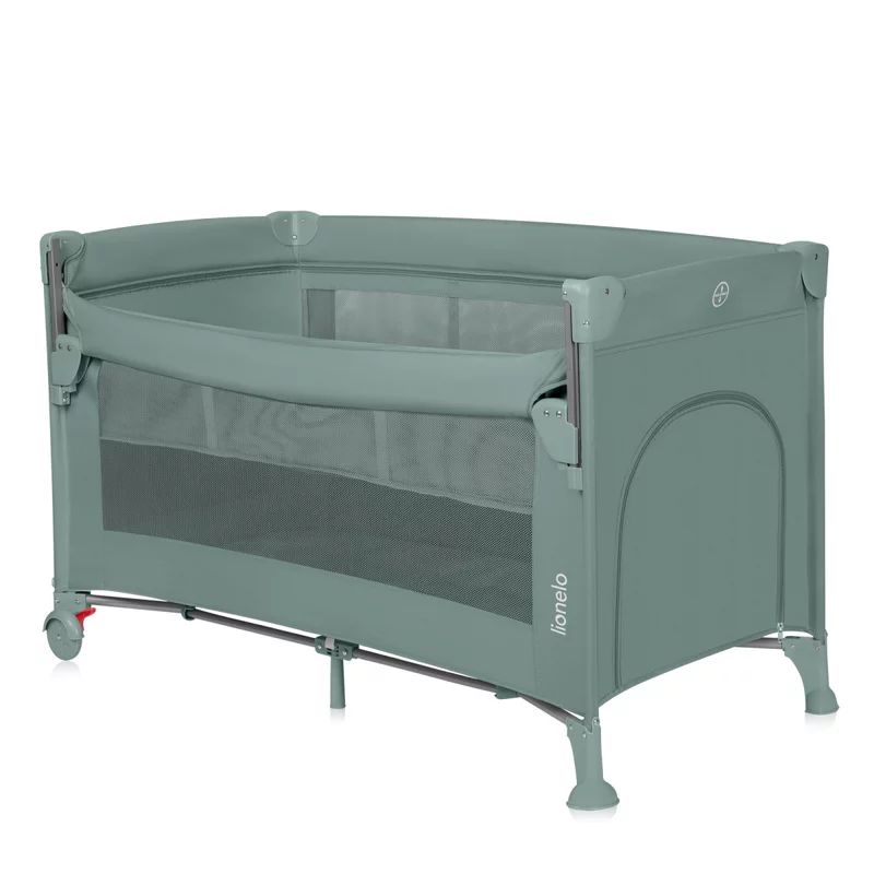 Patut pliant multifunctional, Lionelo, Ellen, Cu laterala culisanta, Nivel suplimentar, Intrare laterala cu fermoar, 2 roti, Saltea pliabila si geanta de transport incluse, 0- 36 luni, Pana la 15 kg, 120x60 cm, Conform cu EN 716, Verde