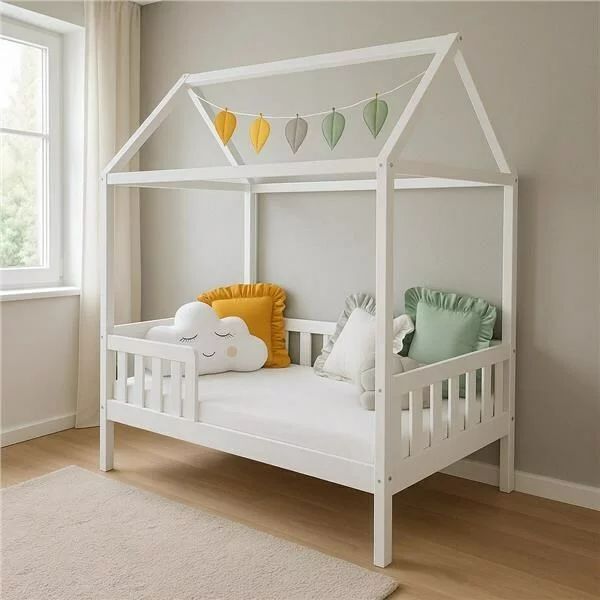 Patut tip casuta din lemn junior, 160x80 cm, Pana la 70 Kg, Cu bariera de protectie, Conform cu EN 716-1:2008, EN 716-2:2008, New Baby, Castello, White