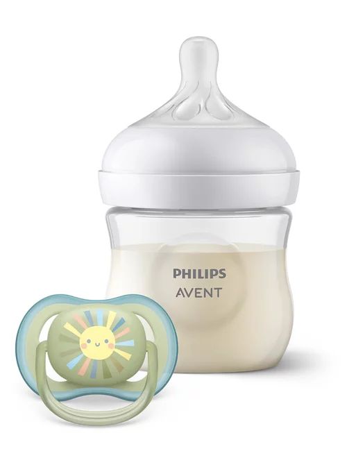 Set cadou pentru bebelusi, Philips Avent Natural Response, Biberon 125ml cu debit 2 (lent), 0 luni+ + suzeta soare multicolor 0 - 6 luni