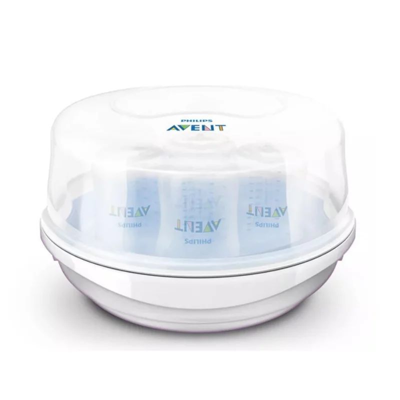 Sterilizator pentru microunde, Philips Avent, Gata in 2 min., Pentru pompe de san, suzete, tacamuri, biberoane, Alb