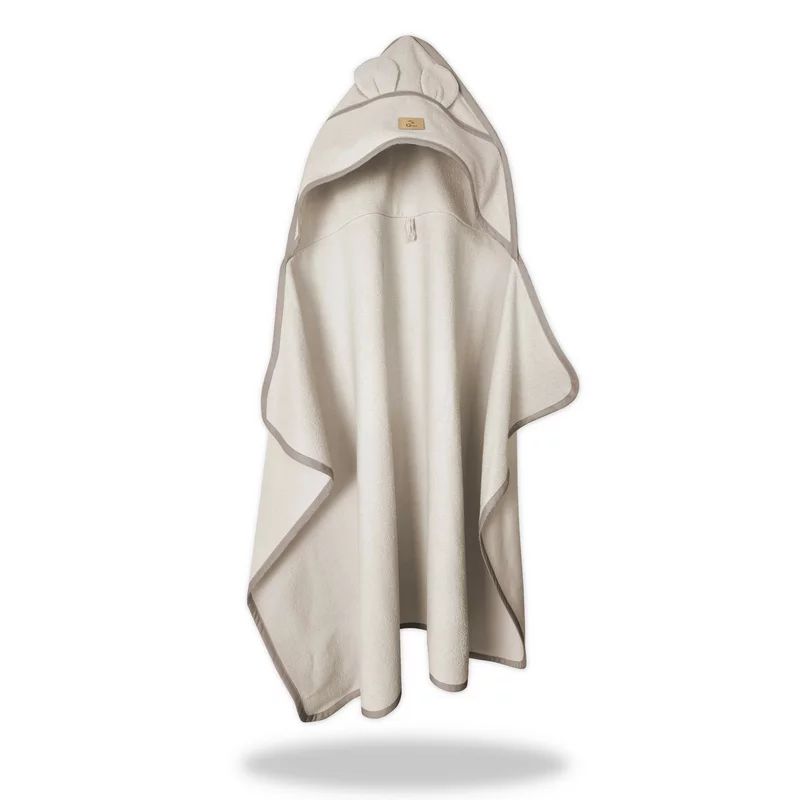 Prosop cu gluga pentru juniori, Qmini, Cu urechi si agatatoare, Dimensiune 120x85cm, Din tricot termo-terry din bambus, Materiale certificate Oeko Tex Standard 100, Beige