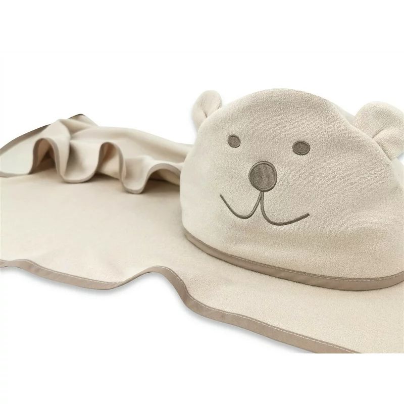 Prosop cu gluga, Qmini, Mare, Cu broderie si urechi, Dimensiune 100x100 cm, Din tricot termo-terry din bambus, Materiale certificate Oeko Tex Standard 100, Teddy Bear Beige
