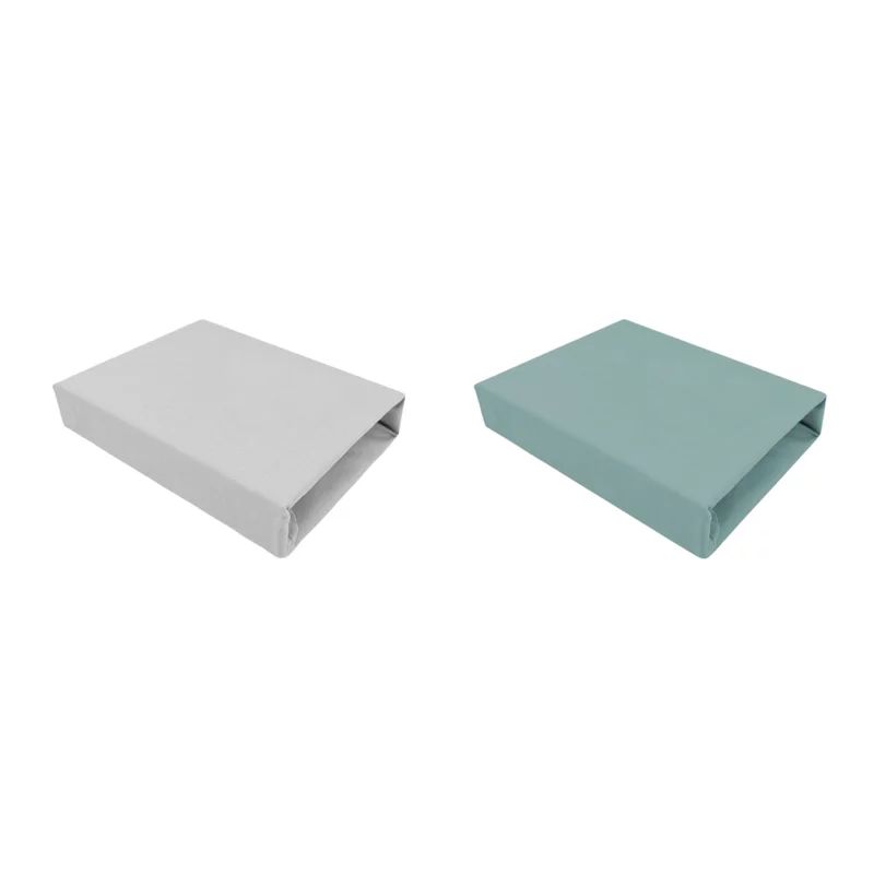 Set 2 cearceafuri cu elastic, Qmini, Pentru patut leagan sau patut co-sleeper, 90x40 cm, Din bumbac, Material certificat Oeko Tex Standard 100, Grey and Dark Mint