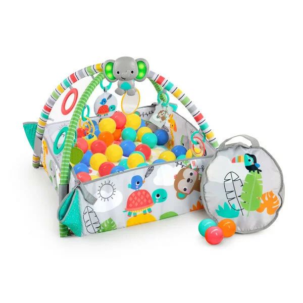 Salteluta interactiva, Bright Starts, 5 in 1, Cu arcada jucarii detasabila si bile, 5 moduri de joaca, 111x100x46 cm, 0 luni+, Albastru
