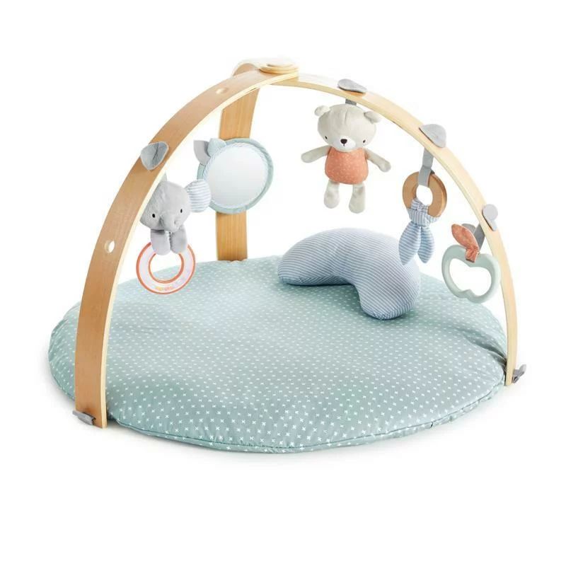 Salteluta interactiva, Ingenuity, Cozy Spot Loamy, Cu jucarii pentru dentitie si zornaitoare, Rezistenta- bara din lemn, Lavabila in masina, 0 luni+, 81 x 81 x 56 cm, Albastru