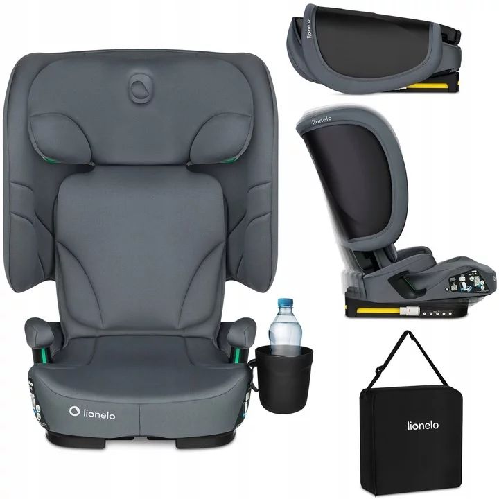Scaun auto pliabil, Lionelo, Orin, i-Size, 100-150 cm, Tetiera reglabila in 14 pozitii, Spatar in 4 pozitii, Isofix+Top Tether, Sezut ergonomic, Husa transport, Suport sticla, Gri Grafit